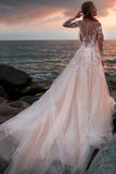 A Line Pink Long Sleeves Round Neck Tulle Wedding Dresses with Appliques, Wedding Gowns STK15012