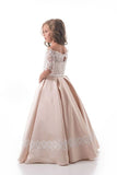 2024 Boat Neck Flower Girl Dresses A Line Mid-Length Sleeves Satin P7GZBXQ4