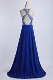 2024 Halter A-Line/Princess Prom Dresses Tulle And Chiffon Dark Royal Blue Sweep PE3XMX6Z