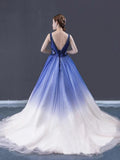 Ball Gown Ombre V Neck Tulle Royal Blue Long Prom Dresses, Quinceanera Dresses STK15067