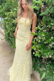 Charming Mermaid Yellow Spaghetti Straps Lace Appliques Prom Dresses with Criss Cross STK15113