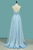 2024 A Line Spaghetti Straps Prom Dresses Satin With Slit PLZNDPG1