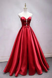 A Line Sweetheart Red Satin Lace Up Long Prom Dresses with Bowknot, Cheap Formal Dresses STK15035