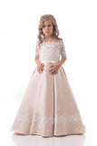 2024 Boat Neck Flower Girl Dresses A Line Mid-Length Sleeves Satin P7GZBXQ4