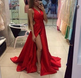 Red Off-the-Shoulder Long V-Neck Slit Sleeveless Simple Elegant Prom