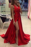 Red Off-the-Shoulder Long V-Neck Slit Sleeveless Simple Elegant Prom