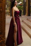 Unique A Line Burgundy Sweetheart Satin Strapless Prom Dresses, Evening STK20448