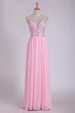 2024 A Line Spaghetti Straps Prom Dresses Beaded Bodice Floor PPEDE6R9