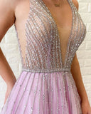 A Line Lilac Deep V Neck Beads Modest Tulle Prom Dresses, Long Formal Dresses STK15490