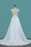 2024 A Line Wedding Dresses Sexy Open Back Scoop Cap Sleeves Elastic Satin P4KHRGEY