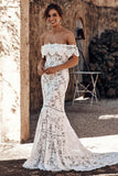 Elegant Off Shoulder Ivory Mermaid Lace Beach Wedding Dress