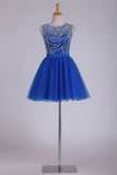 2024 Bateau Beaded Bodice A Line Homecoming Dresses Short/Mini PJ8MMLYK