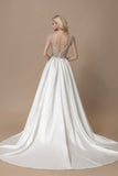 A Line Court Train V Neck Sleeveless Sheer Back Wedding Gown