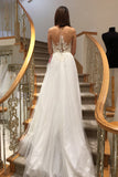 A Line Brush Train Sleeveless Tulle Appliques Beach Wedding Dresses