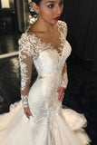 Long Sleeves Court Train Ivory V-Neck Mermaid Tulle Wedding Dress With Lace Appliques