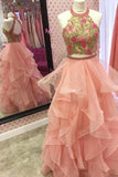 Watermelon Two Piece A Line Floor Length Strapless Sleeveless Ruffles Prom Dresses