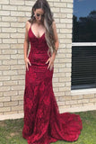 Elegant Straps V Neck Burgundy Lace Mermaid Long Evening Dresses, Prom Dresses STK15206