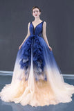 Ball Gown Ombre V Neck Tulle Royal Blue Long Prom Dresses, Quinceanera Dresses STK15067