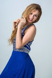 2024 Halter A-Line/Princess Prom Dresses Tulle And Chiffon Dark Royal Blue Sweep PQXFC978