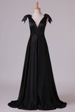 2024 Deep V-Neck Evening Dresses A-Line Satin With Bow-Knot & PKC7Q35C