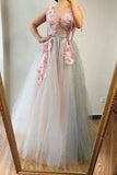 A line V neck Beads Pink Long Tulle Prom Dresses With Floral, Formal Dresses STK15038