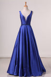 2024 A Line Prom Dresses Straps Beaded Waistline Satin Floor P6K4SS8R