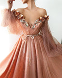 Stunning Long Sleeve Sexy Off the Shoulder Tulle Beading Prom Dresses V Neck Party Dresses STK15436