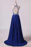 2024 A Line Prom Dresses Halter Beaded Bodice Open Back Sweep Train Chiffon & Tulle Dark Royal P9Z9GFLD