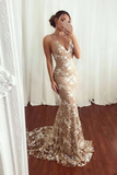 Sexy Mermaid V Neck Lace Appliques Long Prom Dresses Spaghetti Straps Formal STKPJE6FLPT