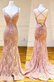 Mermaid Spaghetti Straps Pink Lace V Neck Beads Prom Dresses with STK20426