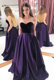 A Line Purple Satin Sweetheart Long Prom Dresses With Pockets, Strapless Evening Dresses STK15015