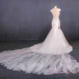 Charming Mermaid Tulle V-neck Wedding Dress, Sheer Back Long Bridal Dresses STK15112