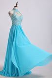 2024 High Neck A Line Prom Dresses With Applique&Beads PLCHEZX7