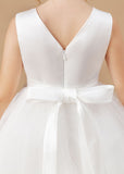 Sleeveless Ivory V-neck Tulle Satin Flower Girl Dresses With Bowknot