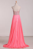 2024 A Line Prom Dresses Sweetheart Beaded Bodice Chiffon Sweep Train