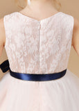 Sleeveless Lace Tulle Satin Flower Girl Dresses With Bowknot Satin-Sash