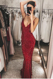 Burgundy Sequins Mermaid Long V Neck Backless Prom Dresses, Formal STK15621