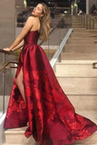 Unique A Line Strapless Burgundy Satin Prom Dresses With Appliques Formal STKPYZN65CB