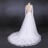 Long Sleeves White A-line Tulle Beach Wedding Dresses with Lace Appliques, Bridal Dress STK15255