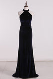 2024 High Neck Mermaid Velvet Evening Dresses With Slit PQBLAXSZ