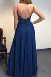 A Line Spaghetti Straps V Neck Chiffon Royal Blue Prom Dresses with Slit Beads Formal Dress STK15032