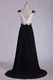 2024 Chiffon Prom Dresses Bateau Open Back With Beading Sweep Train