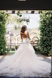 Mermaid Boat Neck Chapel Train Ivory Tulle Sleeveless Wedding Dress with Appliques Ruffles