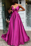 Simple A Line Spaghetti Straps V Neck Satin Backless Prom Dresses, Party STK20443