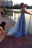 Unique Blue Tulle Appliques Beading Prom Dresses, Charming Formal Dresses STK15456