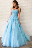 Unique A-Line Sky Blue Tulle Appliques Beads Scoop Prom Dresses with Lace STK15681