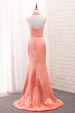 2024 Satin Mermaid Halter Bridesmaid Dresses With Applique Sweep Train