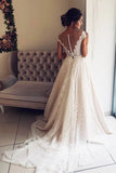 A Line Cap Sleeve Lace V Neck Chiffon Ivory Beads Wedding Dresses, Wedding Gowns STK14996