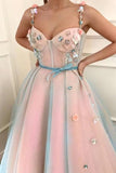 Stunning Applique A-Line Spaghetti Straps Tulle Sweetheart Prom Dresses with Belt STK15434