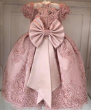 Princess Ball Gown Round Neck Pink Beads Flower Girl Dresses with Appliques STK15587